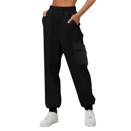 Cargohose Damen Hohe Taille, Jogginghose Damen Baggy, Sporthose Lang Sweatpants mit Gummizug Taschen Stretch Hose Einfarbig Wanderhose Sport Freizeithose Schlupfhose für Frauen Teenager Mädchen von Generic