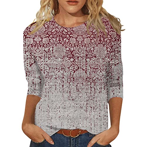 Damen 3/4 Länge Ärmel Oberteile Sommer 2025 T-Shirts Floral Print Rundhalsausschnitt Casual Basic Tee Fit Tunika Oberteile Bluse von Generic