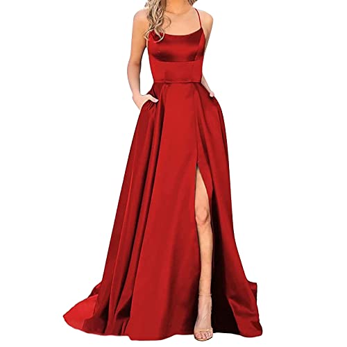 Damen Abendkleid Lang mit Schlitz - Satin Ballkleid Elegant Neckholder Kleider mit Taschen A-Linien Rückenfreies Spaghetti Sexy Abendkleider Langes Hochzeitskleid Brautjungfernkleider Party Kleid von Generic