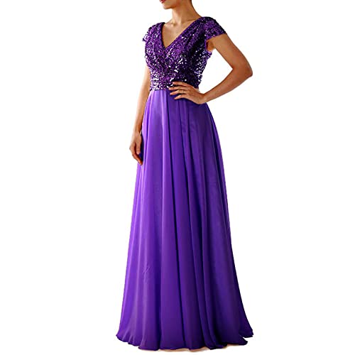 Damen-Abendkleid mit V-Ausschnitt, lang, V-Ausschnitt, Chiffon, Pailletten-Panel, Kurze Ärmel, Elegantes Brautjungfern-Abschlussballkleid, rückenfrei, Sommer-Brautkleider für die Braut von Generic