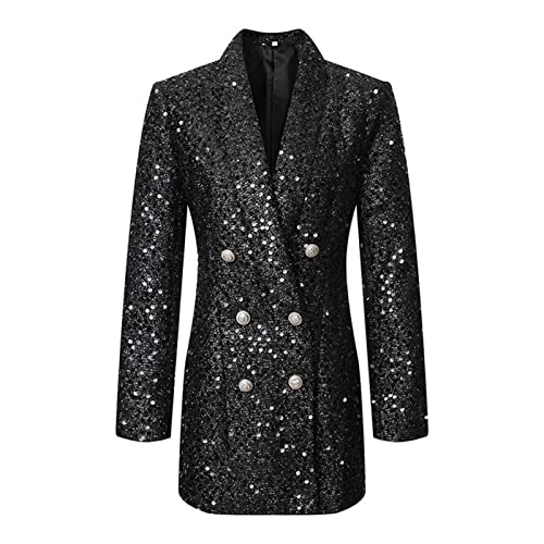 Damen Blazer mit Pailletten Glitzer Sakko Slim Fit Modern Anzugjacke Anzug Jacke Abschlussball Kleid Party Jacken,Black,3XL von Generic