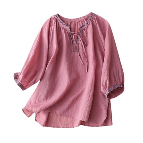 Damen Bluse Elegant, Musselin Leinenbluse, Sommer Tshirt Oberteile Frauen, Einfarbig T Shirt Leinenhemd 3/4 Arm Hemdbluse Oversize Rundhals Hawaii Damenblusen Kurzarm Funky Leinen Trachtenbluse Damen von Generic