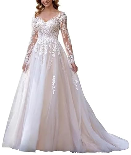 Damen Brautkleider Langarm Brautkleid Prinzessin Standesamt Kleid Tüll Spitze Brautkleid von Generic