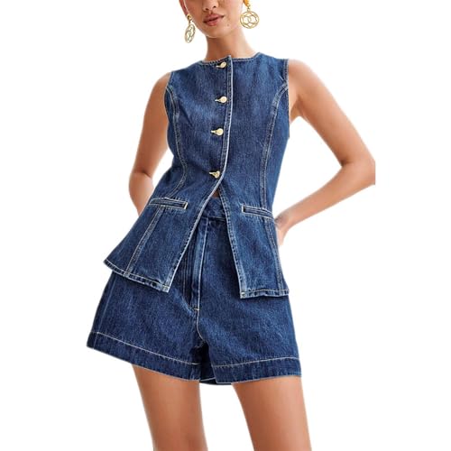 Damen Denim 2 Stück Outfits Casual Ärmellose Button Down Jean Jacke Weste Hohe Taille Shorts Lounge Set,Light Blue,XL von Generic