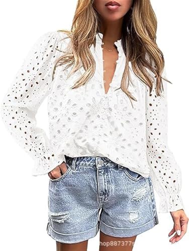 Damen Dressy Casual Bluse Tops Puff Langarm Knopf V Hals Ausgehöhlt Eyelet Lace Bestickte Pullover Shirts,Weiß,XXL von Generic