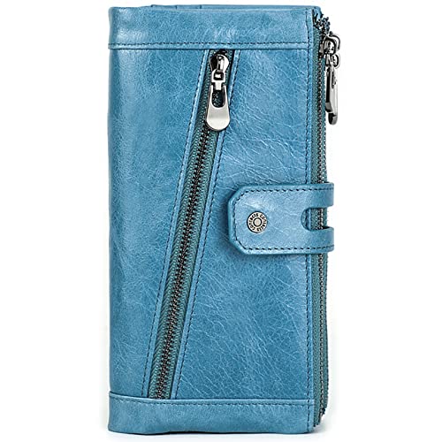 Damen Geldbeutel mit RFID Lässige Tri-Fold Tri-Zip Buckle Vintage Geldbörse mit Externem Reißverschluss-Münzfach,Blue,One Size von Generic