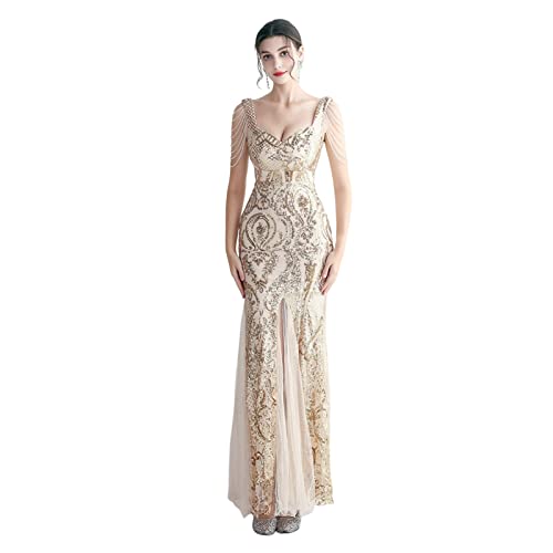 Damen Glänzend Abendkleider Maxikleid Elgant V-Ausschnitt Meerjungfrau Cocktailkleid Cabrio Wickelkleid Festlich Kleid,Gold,XL(44) von Generic