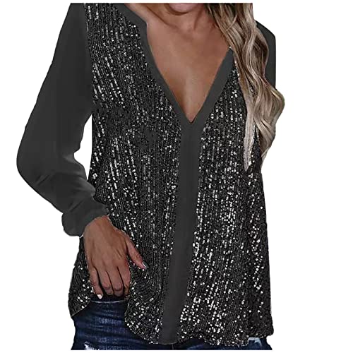 Damen Glitzer - Bluse Oberteil Silvester Sexy Langarmshirt Top V Ausschnitt Pailletten Rundhals Shirt Tunika Zur Hochzeit Langarm Pullover Blusen Oberteile von Generic