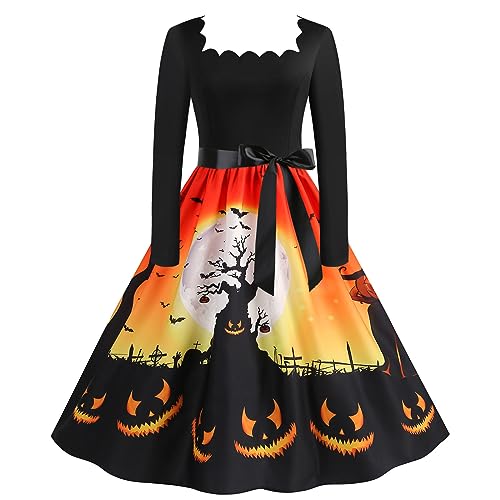 Damen Halloween Kleid, Blutfleck Fledermaus Klassische Muster Lange Ärmel Knielang a Linie Hohe Taille Seil Kleid Gruselig Blutige Halloween Kleid Vintage Karneval Kostüm Damen von Generic