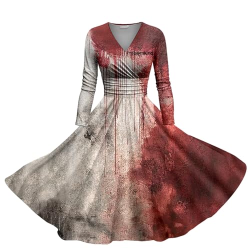 Damen Halloween Kleid, V-Ausschnitt Krawatten Hohe Taille Seil Swing A-Linie Lustige Klassische Muster Kleid Halloween Karneval Kostüm Damen Halloween Kostüm Damen Vampir Kostüm von Generic