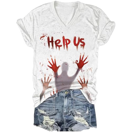 Damen I'm Fine Blood Drucken Halloween T Shirt Problem Solved Kurzarm Rundhals Halloween T-Shirt Blutigem Bedrucktes Shirts Blut Verletzung Halloween-Kostüm Halloween Casual Shirts Bluse Oberteil von Generic