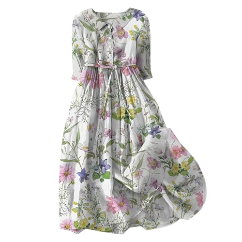 Damen-Kleid, lässig, Kunst-Blumendruck, Knopfleiste, mittellange Ärmel, lockeres Kleid mit weitem Swing-Kleid, Anlasskleider für Damen in Großbritannien von Generic