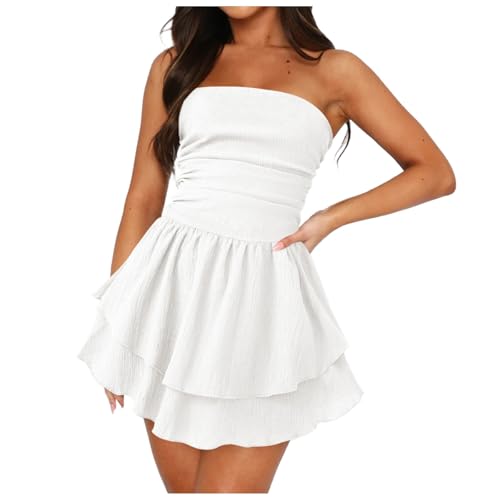 Damen Kleid Sexy Trägerlos Schulterfrei A-Linie Party Rüschen Elegant Minikleid Sommer Bandeau Schulterfrei Mini Strandkleider von Generic