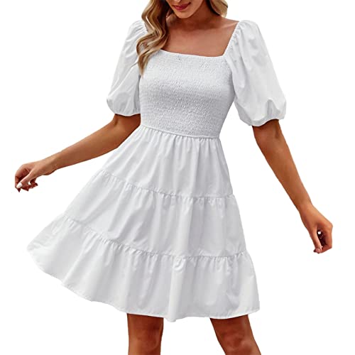 Damen-Kleid mit quadratischem Ausschnitt, Blasenärmeln, plissiert, Temperament, A-Linie, Kleid mit V-Ausschnitt von Generic
