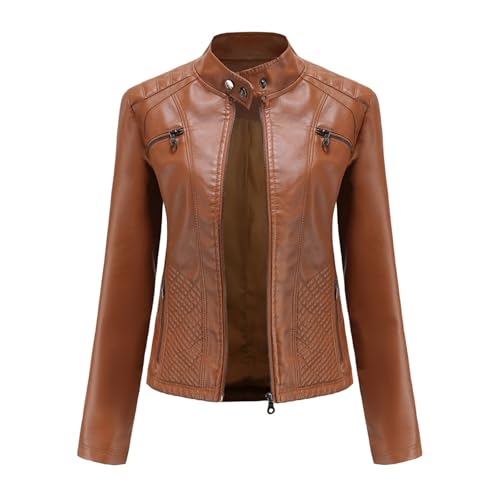 Damen Kunstleder Jacken Motorrad Herbst Jacken Kragen Zip Up Mäntel Moto Biker Reißverschluss Jacke Mantel Oberbekleidung Kurze Biker Mantel ﻿,Camel,L von Generic