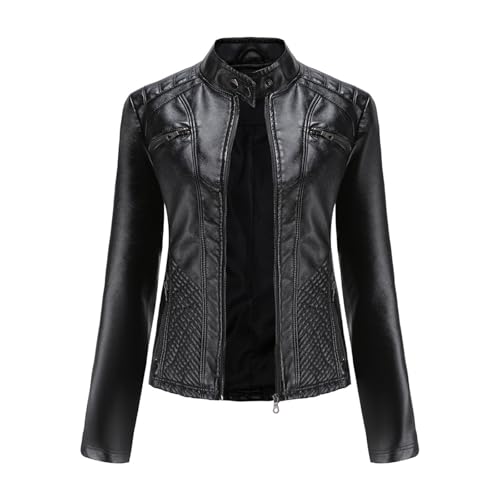 Damen Kunstleder Jacken Motorrad Herbst Jacken Kragen Zip Up Mäntel Moto Biker Reißverschluss Jacke Mantel Oberbekleidung Kurze Biker Mantel ﻿,Schwarz,L von Generic