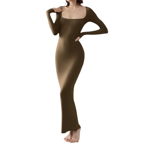 Damen Langarm Maxikleid Figurbetont Sexy Bodycon Partykleid Eng Elegant Freizeitkleid Weiche Lounge Lang Slip Kleid von Generic