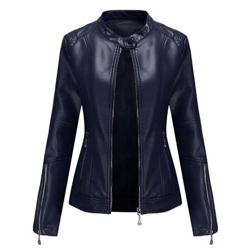 Damen Lederjacke Frauen PU Biker Moto Jacke Zip Up Kurze Jacke Stehkragen Casual Motorrad Mantel,Blau,XXL von Generic