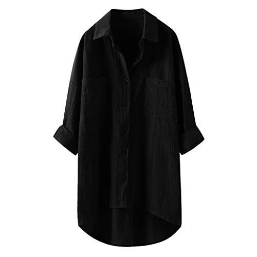 Damen Leinen Hemd Lang, Oversize Leinenbluse V-Ausschnitt | Baumwolle Shirt Langarm Elegant Longshirt Große Größen 3/4 Arm in A-Linien Form Shirt Longbluse Lose Longsleeve Lang von Generic