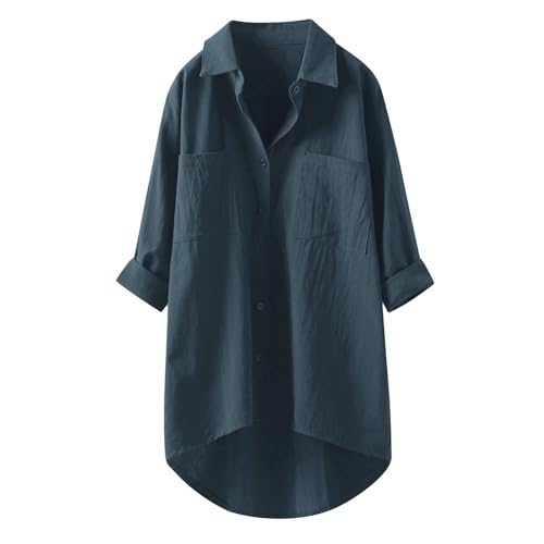 Damen Leinen Hemd Lang, Oversize Leinenbluse V-Ausschnitt | Baumwolle Shirt Langarm Elegant Longshirt Große Größen 3/4 Arm in A-Linien Form Shirt Longbluse Lose Longsleeve Lang von Generic