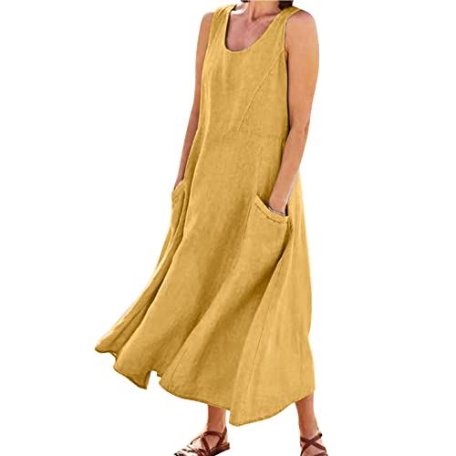 Damen Leinenkleid Sommer Sommerkleid Lang Boho Kleider Baumwoll Leinen Rundhals Ärmelloses Sommerkleider mit Taschen Strandkleid Einfarbig Locker Strandkleider Langes Freizeitkleid von Generic