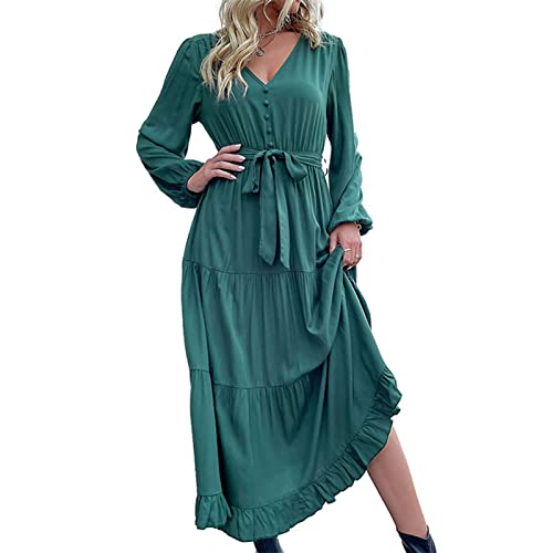 Damen-Maxikleid, V-Ausschnitt, Lange Puffärmel, Maxikleid, Knopfleiste Vorne, Dekor, Hautfreundliche Taillenfalten, Weiche Viskose für den Urlaub (M) von Generic