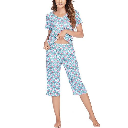 Damen-Nachtwäsche, lässiges, bequemes Oberteil und Hose mit weitem Bein, Kurze Hose, Pyjama-Set mit Taschen, Damen-Pyjama-Sets mit Blumendruck, Baumwolle, Damen-Nachtwäsche, kurzärmelige von Generic