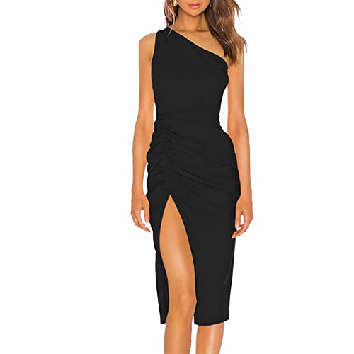 Damen One Shoulder Kleid in Satinoptik Raffungen Beinschlitz Asymmetrischer Partykleid Cocktailkleid Midi Dress,Black,M von Generic