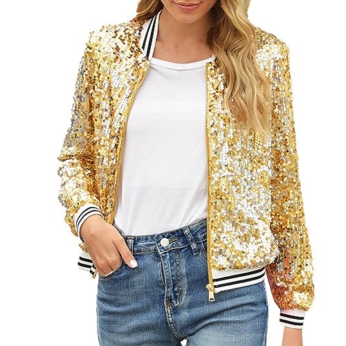 Damen Pailletten Jacke Casual Langarm Glitzer Blazer Bomberjacke Festlich Party Club Kurze Jacke Einfarbig Casual Mode Leicht Blazer Jacke Frauen Glitzer Kleid Oberteile Blazer von Generic