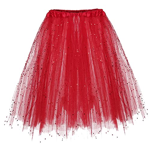 Damen Petticoat Unterrock, Damen Einfarbig Karneval Kostüme Klassisch Elastisch 3 Lagig Tüll Tüllrock Rot 80er Rock Tütü Für Damen Teenager Karneval Party Halloween-Kostüme von Generic