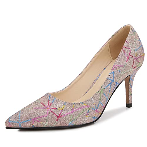 Damen-Pumps, spitzer Slip-On, hoher Absatz, Flacher Mund, geschlossene Zehen, Stiletto-Schuhe, Farbblock, gestreifter Schuh, geeignet für Freizeitkleidung, Abendessen, Hochzeitskleid von Generic