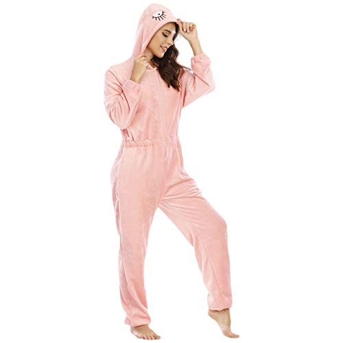 Damen-Pyjamas, Damen-nachtwäsche, Onesies, rosa Pyjamas, Lange Kapuzen-Flanell-Einteiler-Pyjama, langärmlig, mit Kapuze, lose Herbst-Winter-erwachsenensache, m von Generic