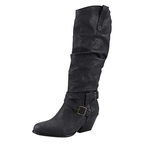 Damen-Reitstiefel, Cowgirl-Cowboy-Stiefel mit mittlerem Schaft, runde Zehenschnalle, quadratischer Absatz, Stiefel mit mittlerer Wade, Freizeitstiefel, seitlicher Reißverschluss, hohe Kampfstiefel, von Generic