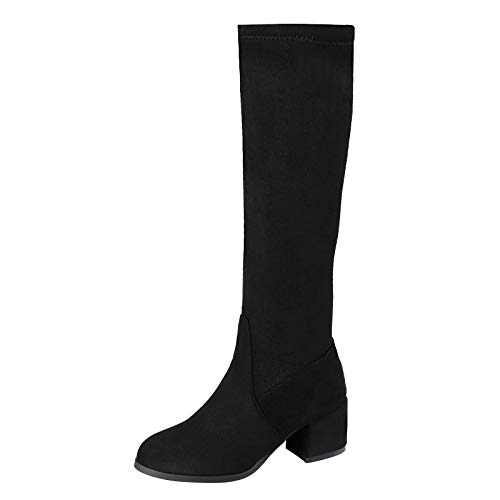 Damen-Reitstiefel, Damen-Lederstiefel, Damen, einfarbig, warme Stiefel, flacher Absatz, geschlossene Zehen, pelzgefüttert, warme Winter-Schneestiefel, seitlicher Reißverschluss, klobige Absatzstiefel, von Generic