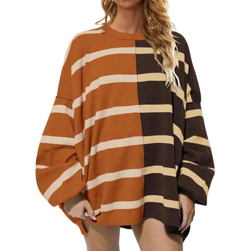 Damen Sale Angebote, Pullover Für Damen Bekleidung Damen Gestreiftes Patchwork Sweatshirt Ohne Kapuze Rundhals Langarm Basic Pulli Oberteile Fleecepullover Damen Klamotten Teenager (Light Brown,XXL) von Generic