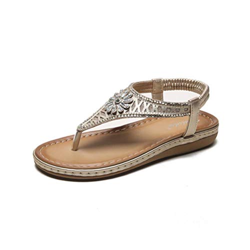 Damen Sandalen Sommer Strand Flache Riemchensandalen Strass Blume Hohl Flip Flops Schuh Offener Zeh Boho Tangas Sandale Knöchelriemen Outdoor Anti Rutsch Lässig Wandern Urlaub,Schwarz,35 (Gold 41 EU) von Generic