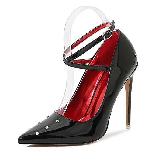 Damen-Sandalen mit Absatz, Pumps, Spitze Kreuzschnalle, Stiletto-Schuhe, geschlossene Zehenpartie, Flacher Mund, hoher Absatz, einfarbige Nietenschuhe, ideal für lässige Bankett-Etikette, von Generic