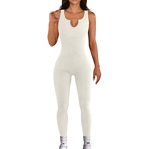 Damen Sexy Bodycon Jumpsuit Einteiler Elegant Kurzarm Ärmellos Overall Romper Yoga Workout Sport Outfit (Weiß, L) von Generic