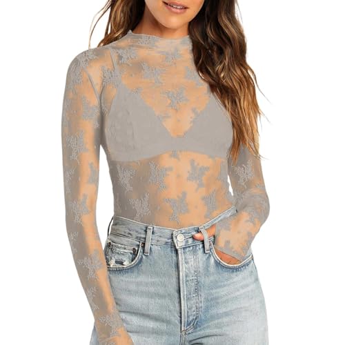 Damen Sexy Oberteil Transparent Bluse Netzoberteil Mesh Crop Top Langarm Durchsichtiges Oberteile Festival Mesh Basic Shirt von Generic