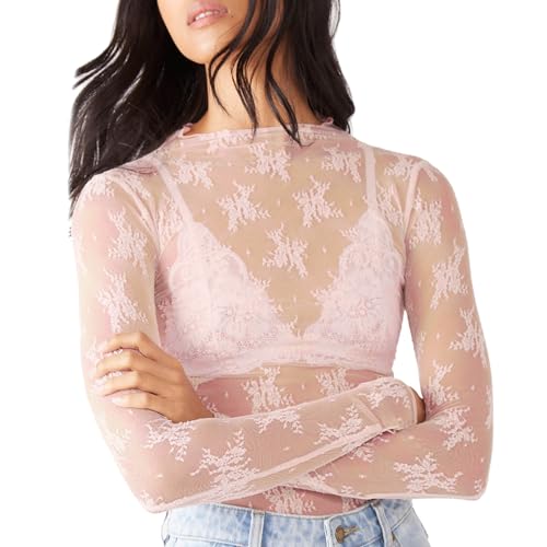 Damen Sexy Oberteil Transparent Bluse Netzoberteil Mesh Crop Top Langarm Durchsichtiges Oberteile Festival Mesh Sheer Basic Shirt von Generic