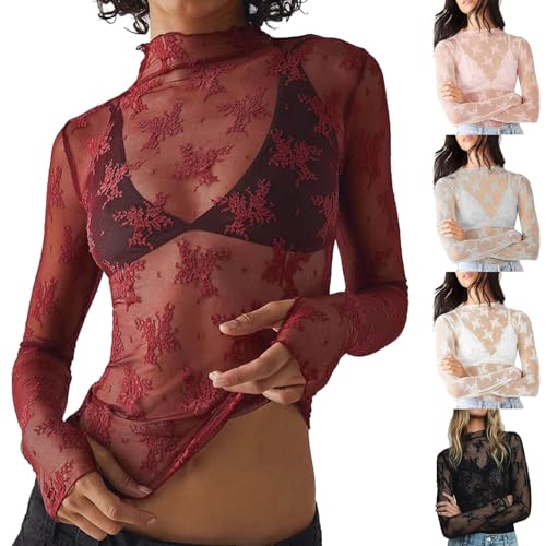 Damen Sexy Oberteil Transparent Bluse Netzoberteil Mesh Crop Top Langarm Durchsichtiges Oberteile Festival Mesh Sheer Basic Shirt von Generic