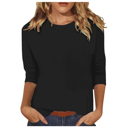 Damen Shirt 3/4 Arm Oversize, Rundhals Oberteile Langarm | Langarmshirts Schwarz Longshirt Große Größen T Shirt Locker Elegant Lang Shirt Dreiviertelarm Crop Top Longsleeve von Generic