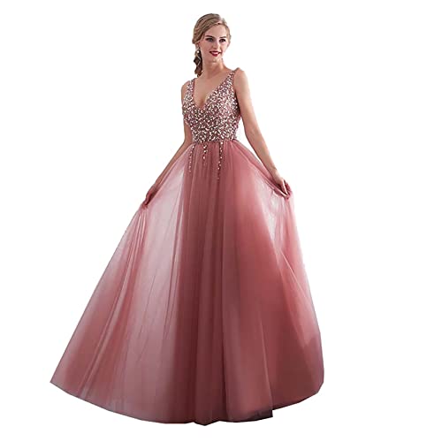 Damen-Sommer-Abendkleid mit Perlenstickerei, V-Ausschnitt, hoher Schlitz, Tüll, Sweep-Zug, ärmelloses Abendkleid, A-Linie, rückenfreies Kleid mit Schnürung von Generic