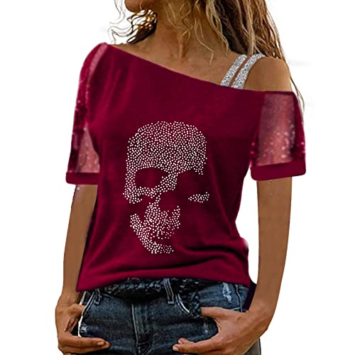 Damen Sommer Tops Lässiges T-Shirt mit Totenkopf-Strass-Motiv V-Ausschnitt Kurzarm Loser Pullover Plus Size Baggy Tunika-Bluse Damen Sommer Tops Lässiges T-Shirt mit Totenkopf-Strass-Motiv V-Ausschnitt Kurzarm Loser Pullover Plus Size Baggy Tunika-Bluse von Generic