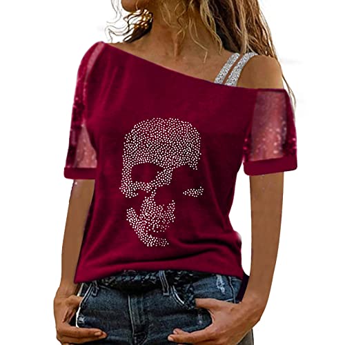 Damen Sommer Tops Lässiges T-Shirt mit Totenkopf-Strass-Motiv V-Ausschnitt Kurzarm Loser Pullover Plus Size Baggy Tunika-Bluse von Generic