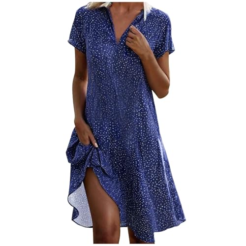 Damen Sommerkleider Kurzärmelig Midi-Kleid Elegant Party Freizeitkleid Gepunktet A-Linie Fließendes Strandkleid Lockeres Boho-Kleid Nee-Länge Sonnenkleid von Generic