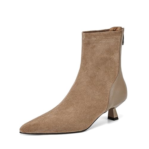 Damen-Stiefeletten, hohe Absätze, Spitze Zehenpartie, Wildleder, Hufeisenabsatz, Stiefeletten, Slip-on-Pumps, Schuhe, Ledernähte, Paar mit einem Kleid und Leggings, hohe Höhe 5 cm von Generic