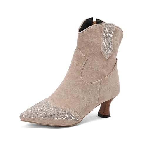 Damen-Stiefeletten mit spitzem Zehenbereich aus Wildleder, hohe Absätze, Stiefeletten, Stiletto-Absatz, niedriger Absatz, Schuh mit Strasssteinen und seitlichem Reißverschluss, Absatzhöhe 6 cm von Generic