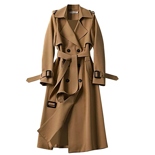 Damen Trenchcoat Herbst Winter Mantel Lang Tweed Manteljacke Warm Windjacke Klassische Zweireiher Wintermantel Trenchjacke mit Gürtel von Generic