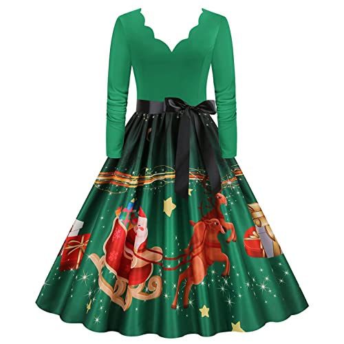 Damen Weihnachtskleider, Rotes Weihnachtskleid Damen Retro Cocktail Abschlussball Kleider 50er 60er Rockabilly Weihnachten Druck A-Linie Frauen Christmas Partykleid von Generic